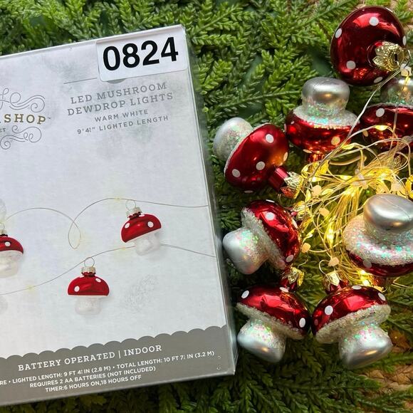 Mushroom Dewdrop Lights LED Red Warm White String Timer Battery Operated - Picture 1 of 7